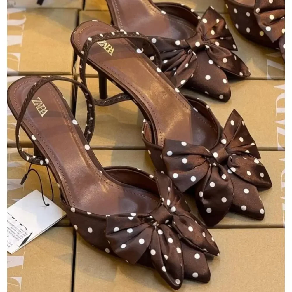 ZARA Polka Dot Bow Slingback Heels NWT Brown Pointed Toe Kitten Heel 6.5